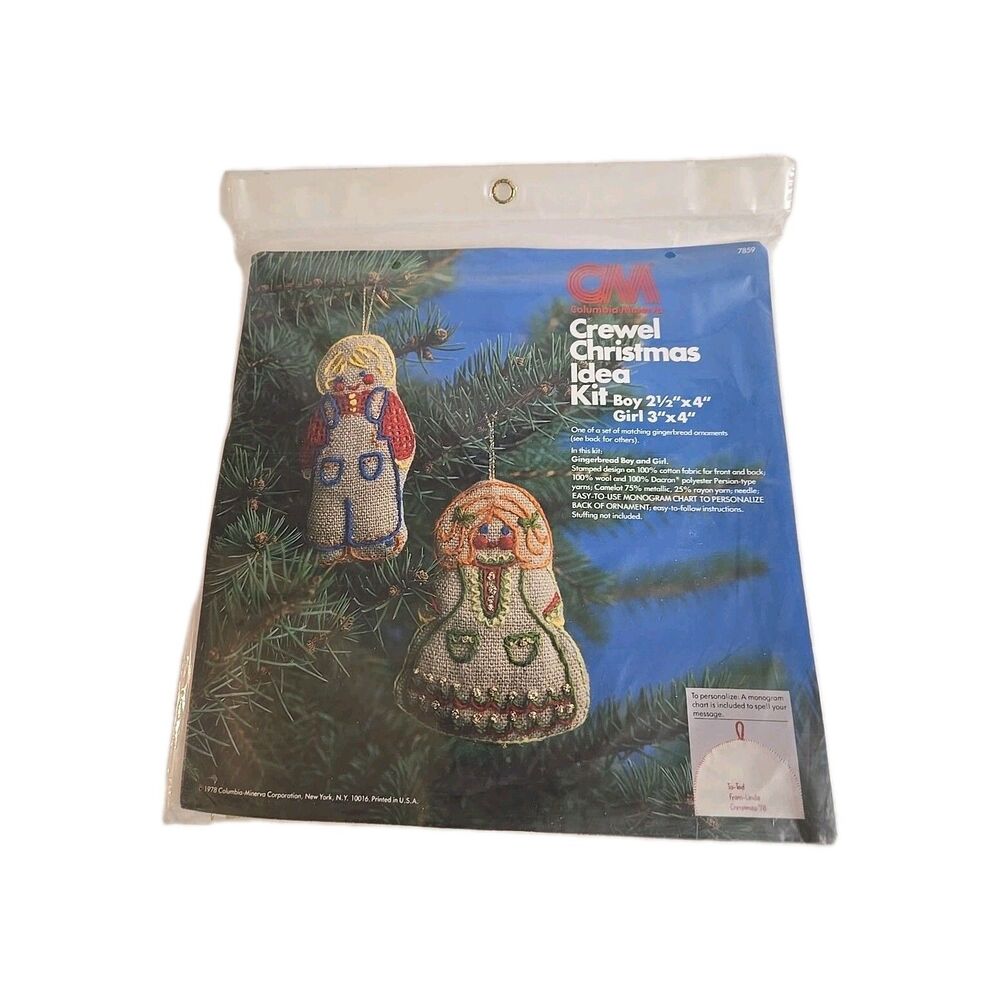 Columbia Minerva 1978 Crewel Christmas Ornament Idea Kit Gingerbread Boy & Girl